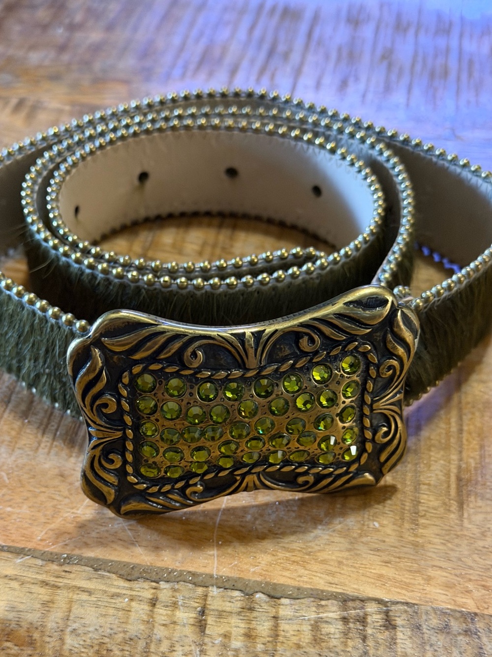 Vintage Bill Simon 1991 Pony Hair Belt Italian Buckle Olive Green Rhinestone XL